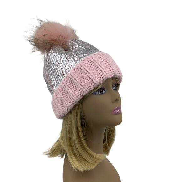 Light Pink & Silver Wool Blend Beanie Hat Genuine Raccoon Fur Pom-Pom by AQUA main image 11
